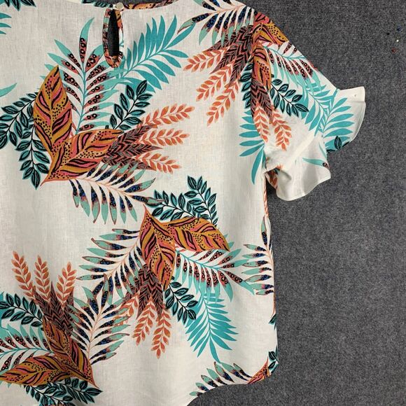 Van Heusen Linen Blend Hawaiian Leaf Print Top NWT Short Ruffle Sleeve Sz XL - Picture 12 of 12